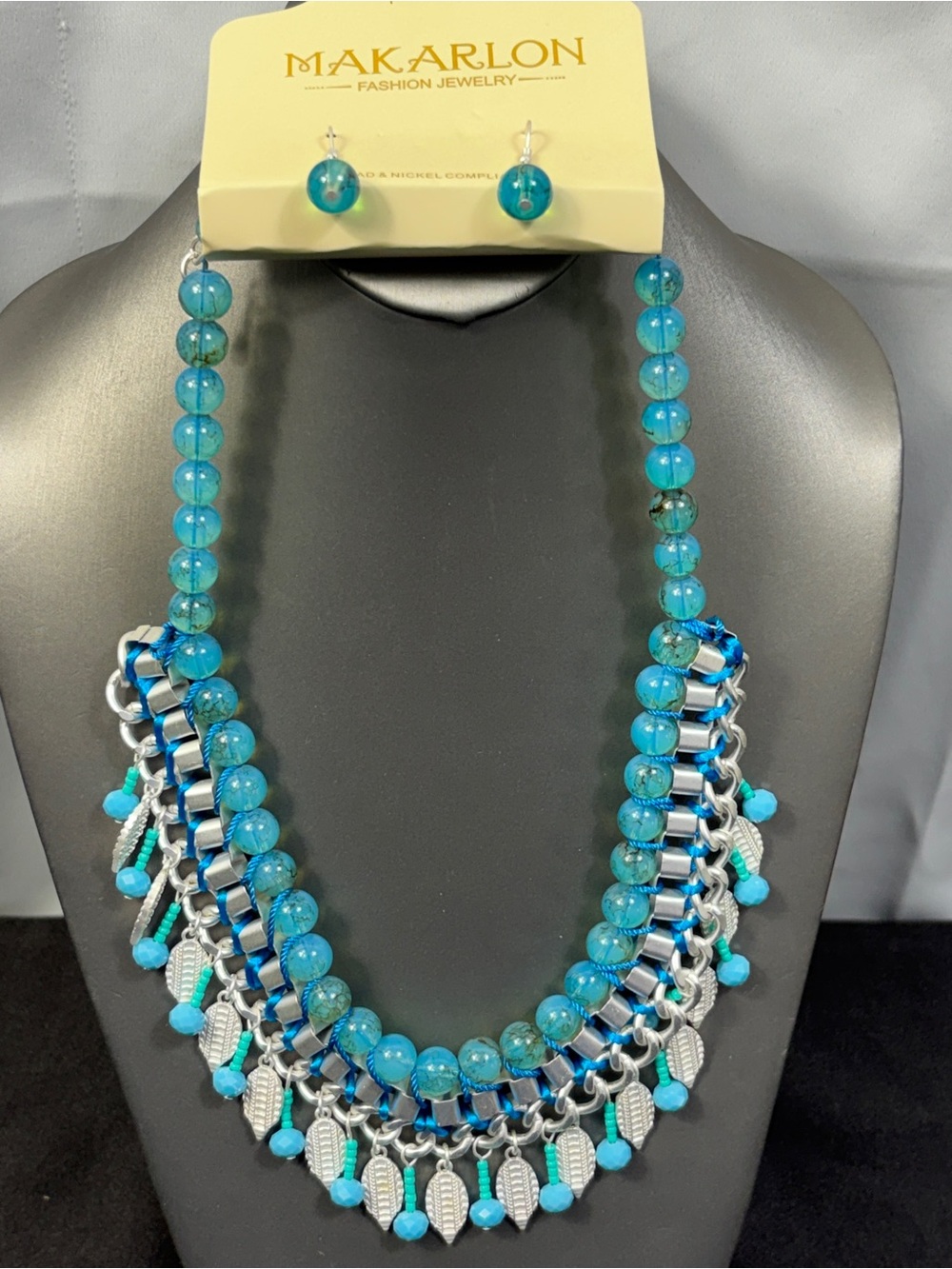 Makarlon Boho Western Necklace Set Statement Silvertone Blue New